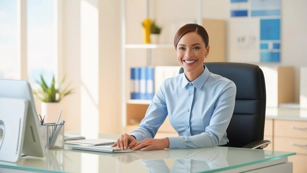 A customer service representative smiles while wearing a headset.
