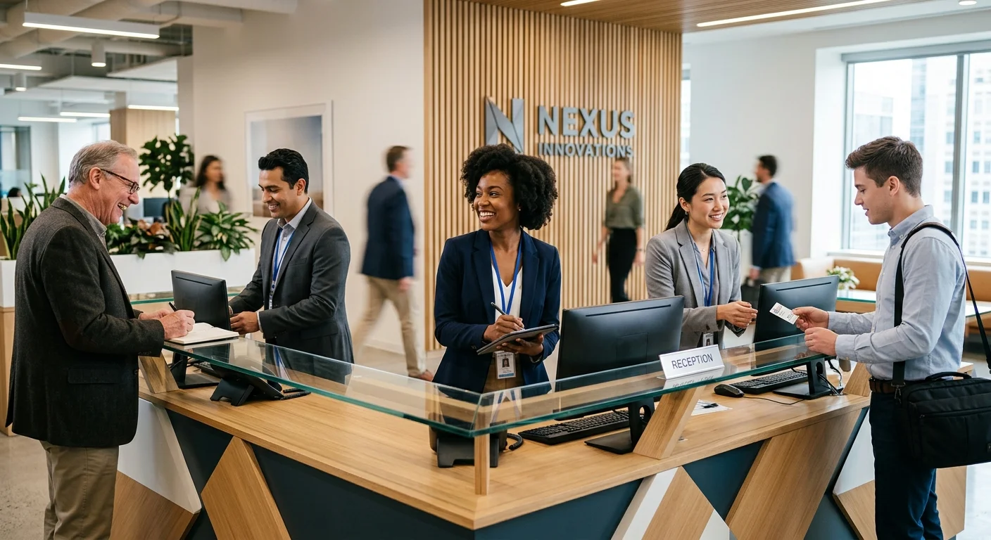 A professional, well-lit hero image of a friendly, diverse receptionist team at a modern front desk,... A professional, well-lit hero image of a friendly, diverse receptionist team at a modern front desk, smiling and assisting visitors. The mood is welcoming, efficient, and professional.