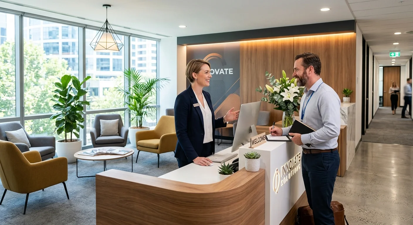 A modern, welcoming office reception area with a smiling, professional receptionist at a sleek desk,... A modern, welcoming office reception area with a smiling, professional receptionist at a sleek desk, assisting a visitor. Style should be bright, professional, and inviting.