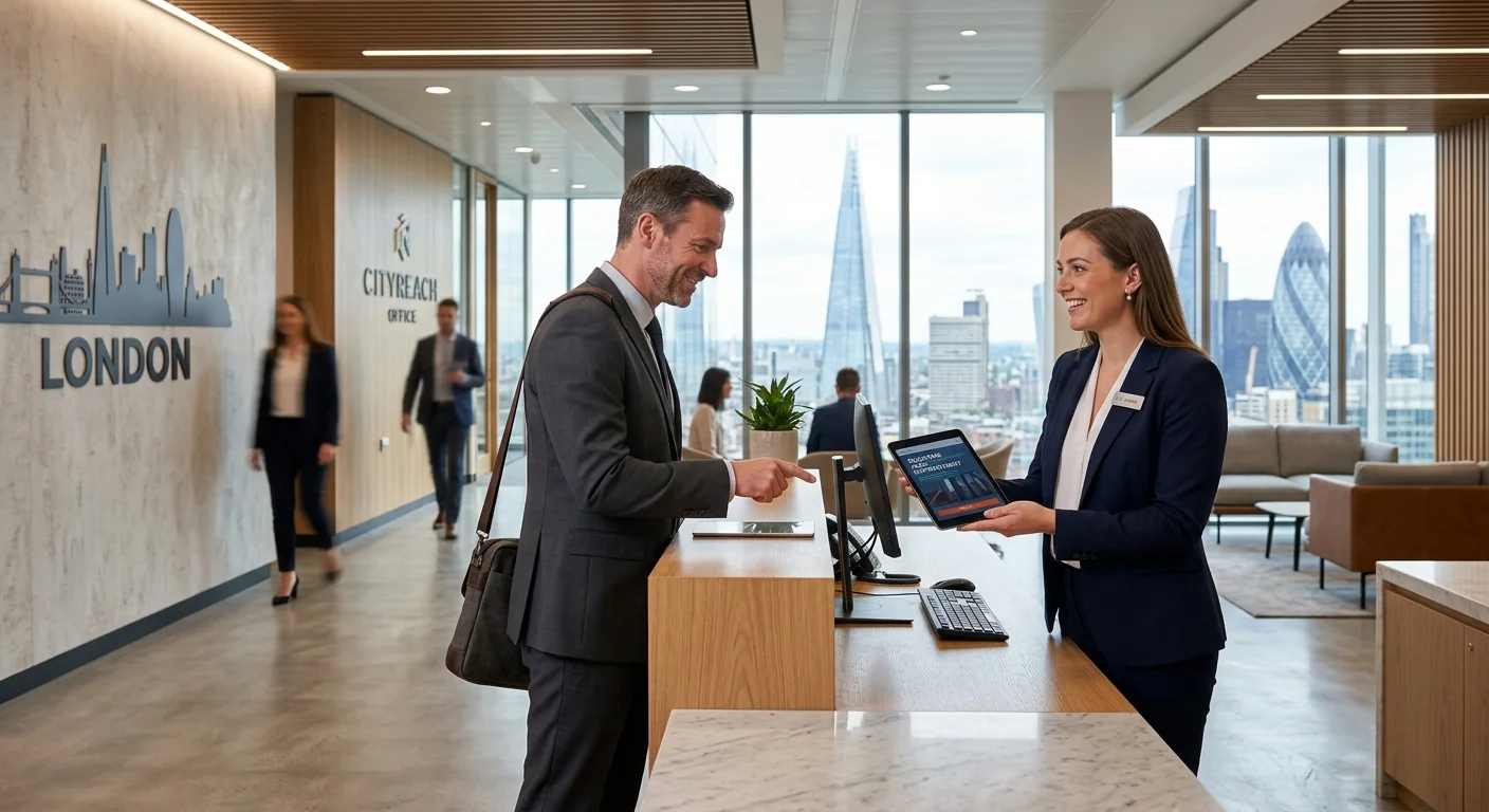 A professional, dynamic hero image showing a friendly, well-dressed receptionist in a modern London office lobby, smiling and assisting a visitor. The style should be bright, aspirational, and convey professionalism and opportunity.