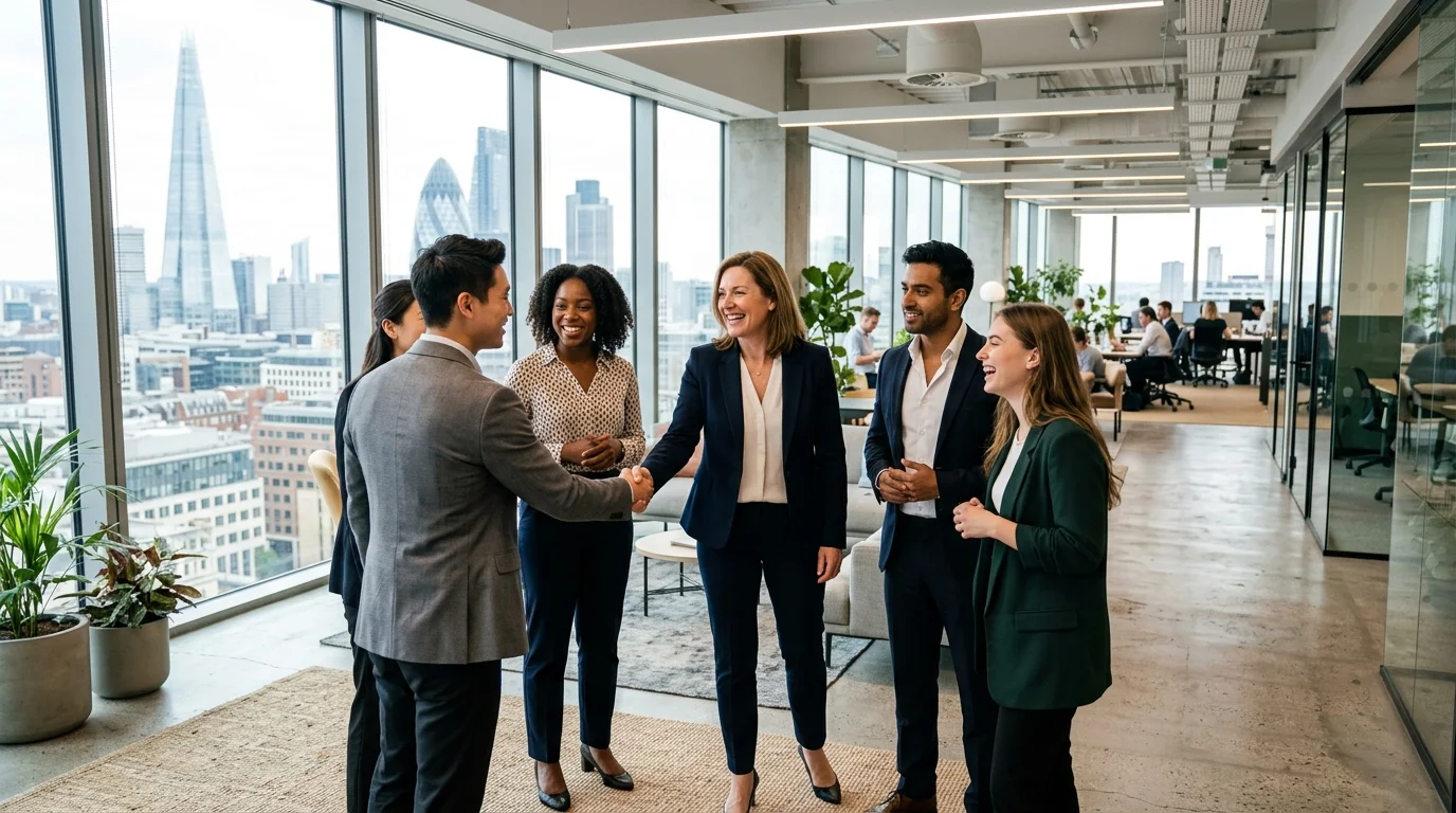 A wide, professional hero image showing a diverse group of confident, well-dressed temporary workers... A wide, professional hero image showing a diverse group of confident, well-dressed temporary workers in a modern London office setting, perhaps shaking hands with a manager. The style should be bright, optimistic, and high-quality, conveying energy and opportunity.