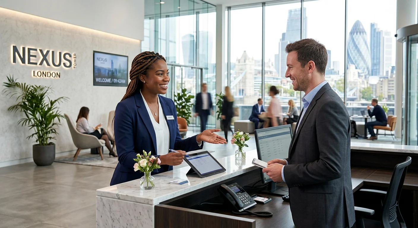 A professional, confident female receptionist in a modern London office lobby, smiling as she assists a visitor. The style is bright, crisp, and professional, with iconic London architecture subtly visible through large windows.