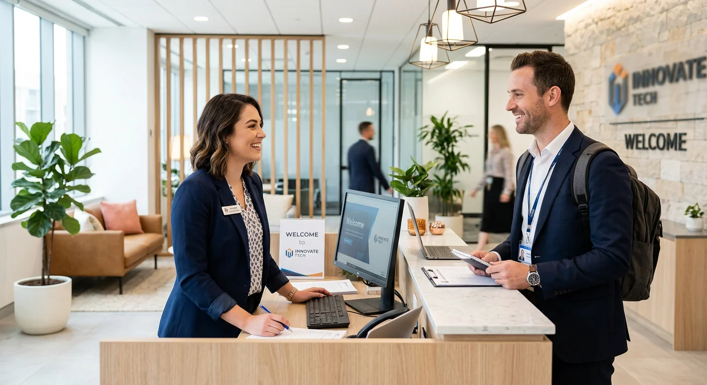 A professional, friendly receptionist in a modern office setting, smiling while assisting a visitor.... A professional, friendly receptionist in a modern office setting, smiling while assisting a visitor. The image should be bright, inviting, and convey a sense of organization and hospitality.