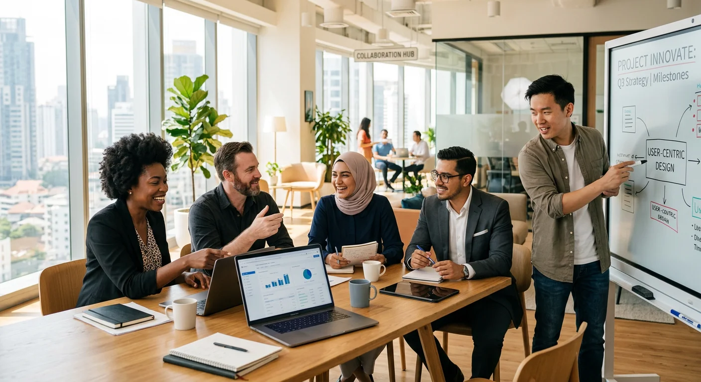 A modern, diverse team of professionals collaborating in a bright, sunlit office. Style is corporate photography with a focus on connection and productivity. Mood is optimistic, innovative, and professional.