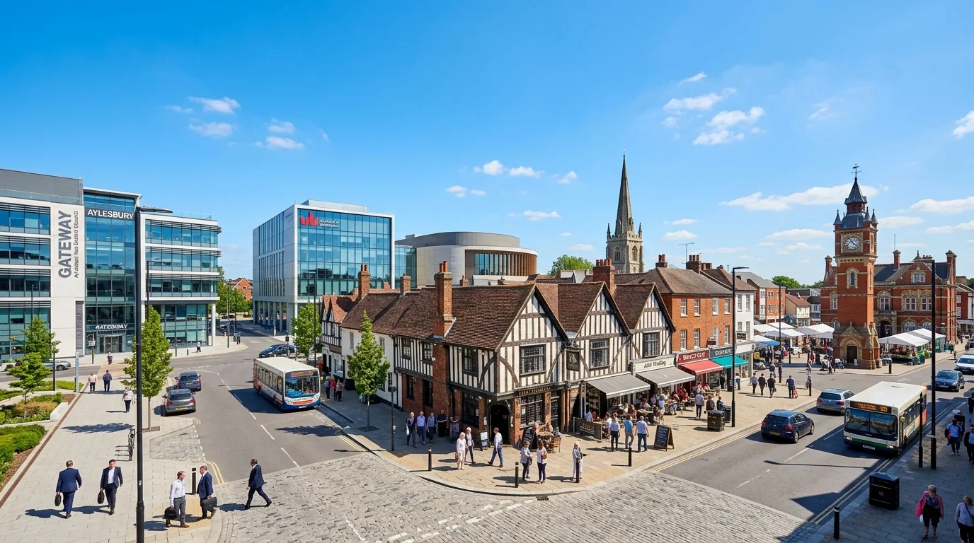 A professional, wide-angle shot of the Aylesbury town centre, featuring modern business parks mixed... A professional, wide-angle shot of the Aylesbury town centre, featuring modern business parks mixed with historic architecture, under a clear sky. Style: Professional, inspiring, and vibrant. Mood: Opportunity and growth.
