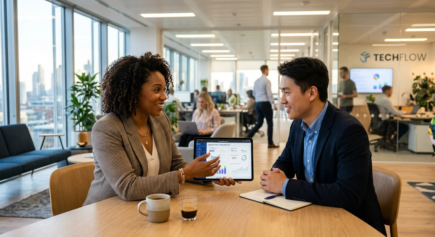 A dynamic, modern office scene with a diverse hiring manager and candidate interacting over a tablet showing analytics dashboards, symbolizing efficient, tech-enabled recruitment. Style: professional, bright, with a focus on technology and human connection.