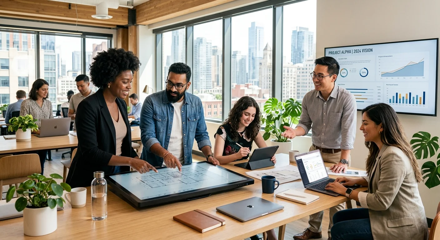 A modern, diverse group of professionals collaborating in a bright, sunlit office. Style is professi... A modern, diverse group of professionals collaborating in a bright, sunlit office. Style is professional and aspirational, with a focus on teamwork and technology.