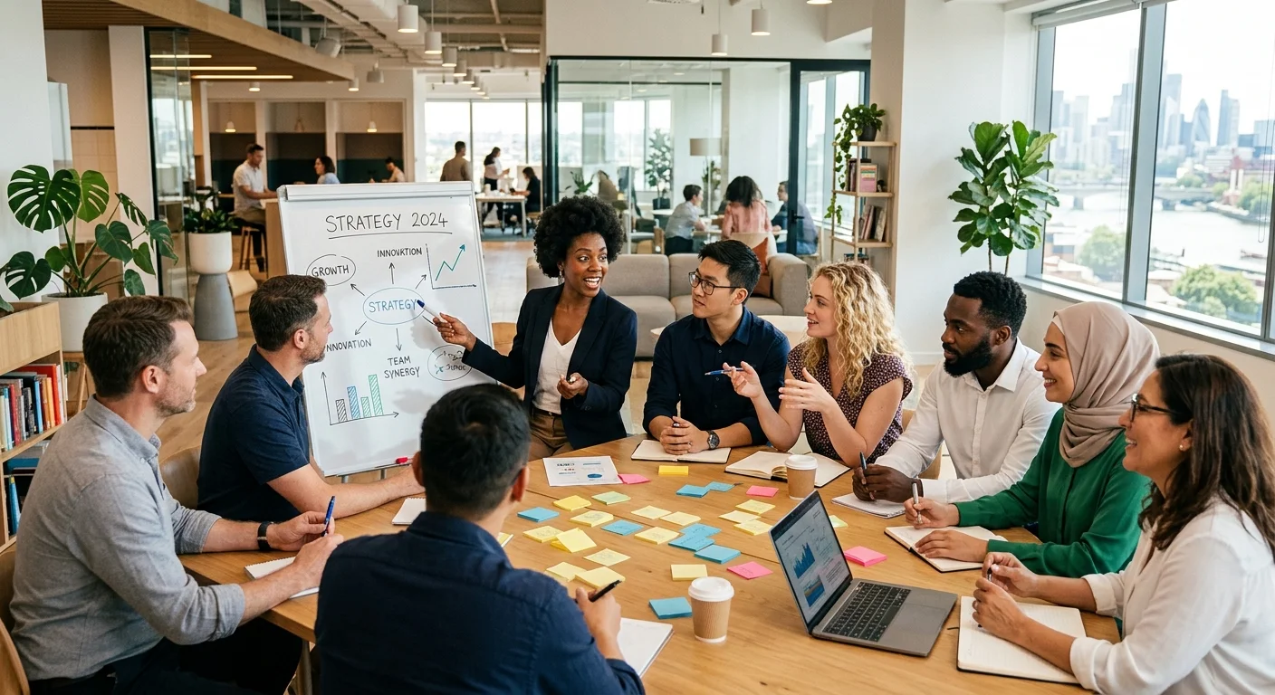 A modern, diverse team of professionals collaborating in a bright, open-plan office. Style should be... A modern, diverse team of professionals collaborating in a bright, open-plan office. Style should be professional, optimistic, and forward-looking, with a focus on human connection and strategic planning.