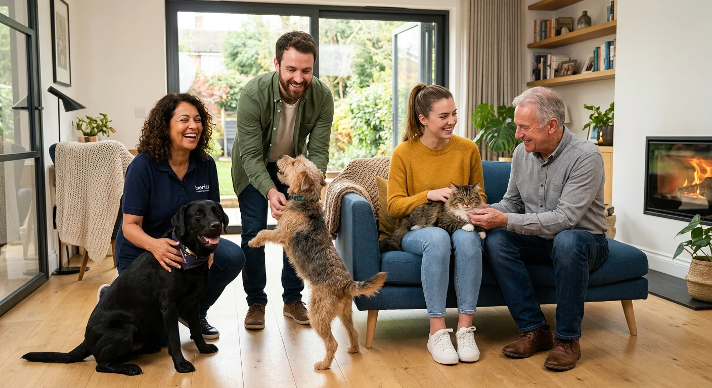 A high-quality, professional hero image showing a diverse group of trustworthy-looking house sitters... A high-quality, professional hero image showing a diverse group of trustworthy-looking house sitters of various ages and backgrounds, smiling and interacting with pets in a clean, well-lit modern home interior. The mood is welcoming, secure, and professional.