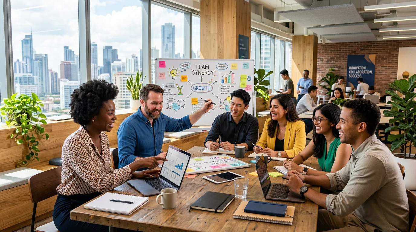 Hero image showing a diverse group of modern professionals collaborating in a bright, sunlit office. Style is aspirational and professional, with a focus on teamwork and positive energy.