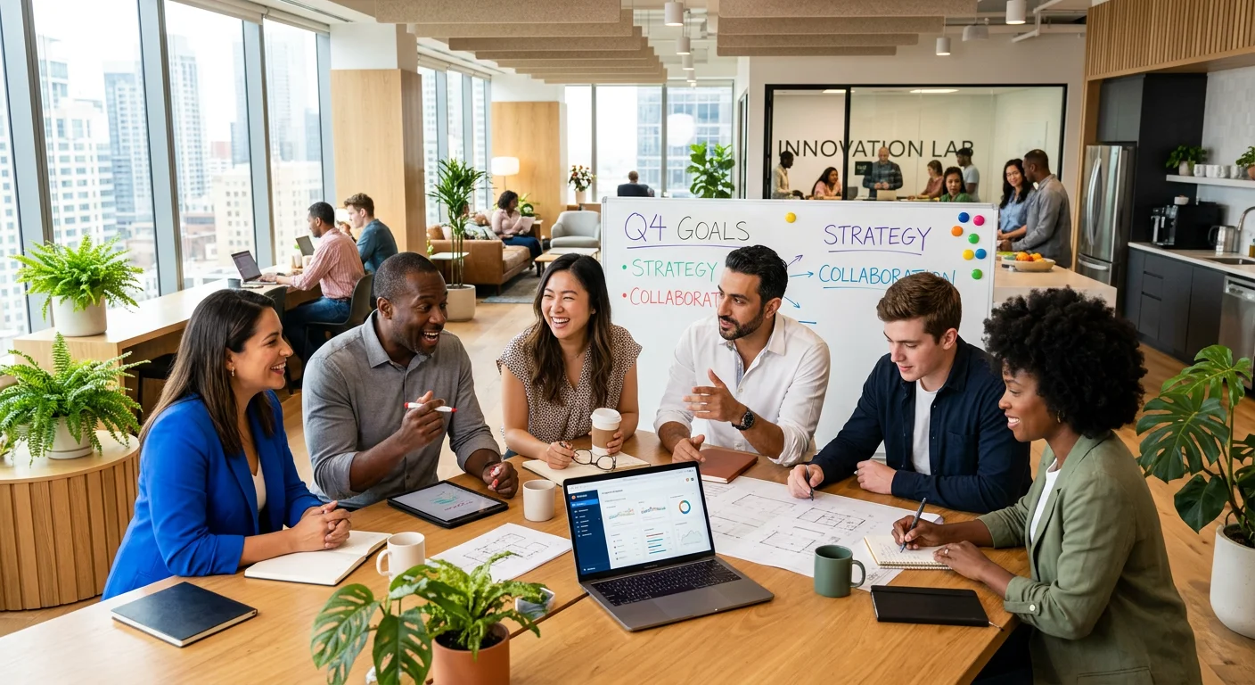 A modern, diverse team of professionals collaborating in a bright, open-plan office. Style should be... A modern, diverse team of professionals collaborating in a bright, open-plan office. Style should be professional, high-resolution, with a focus on inclusivity and forward-thinking energy. Mood: Optimistic, efficient, and collaborative.