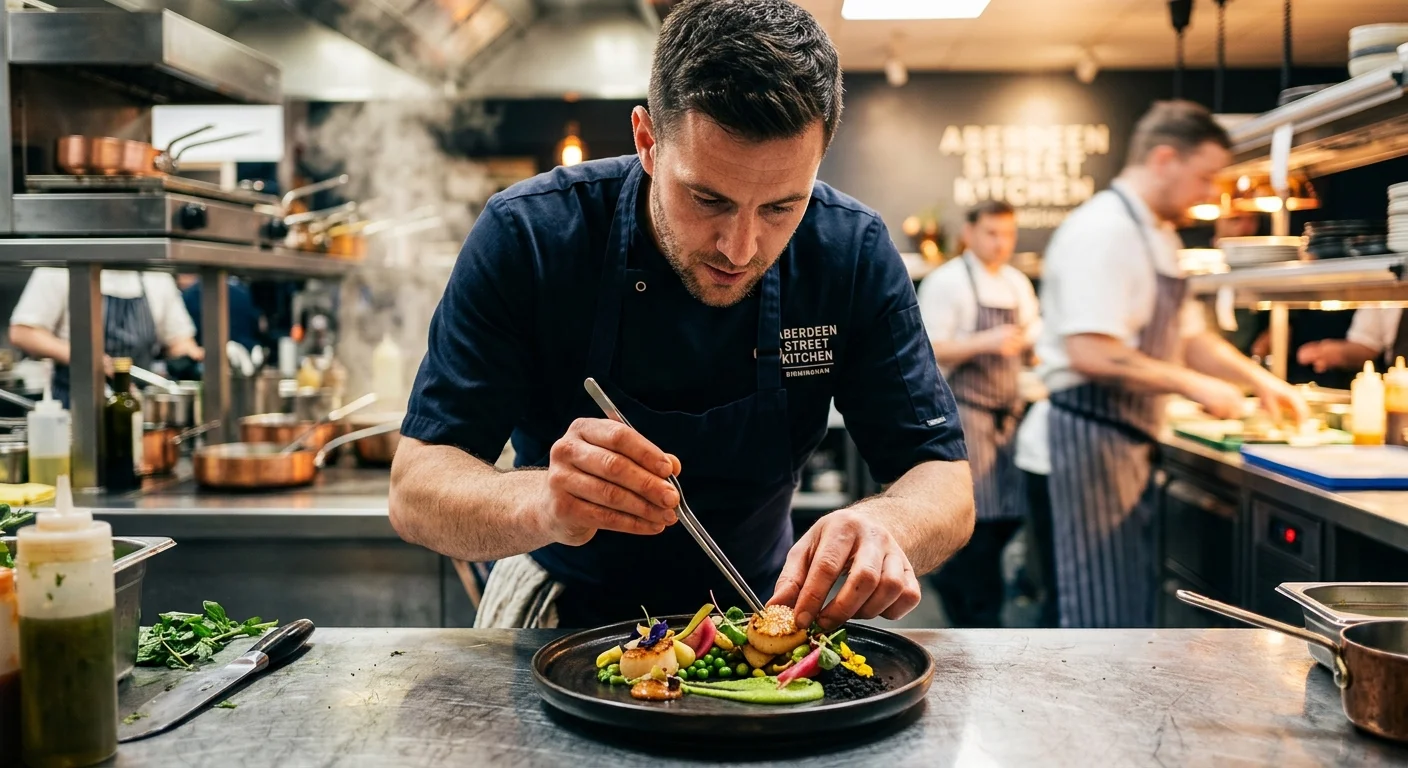 A professional, dynamic shot of a chef in a modern Birmingham restaurant kitchen, expertly plating a... A professional, dynamic shot of a chef in a modern Birmingham restaurant kitchen, expertly plating a dish. The image should be vibrant, sharp, and convey energy and skill. Focus on the chef's hands and presentation.