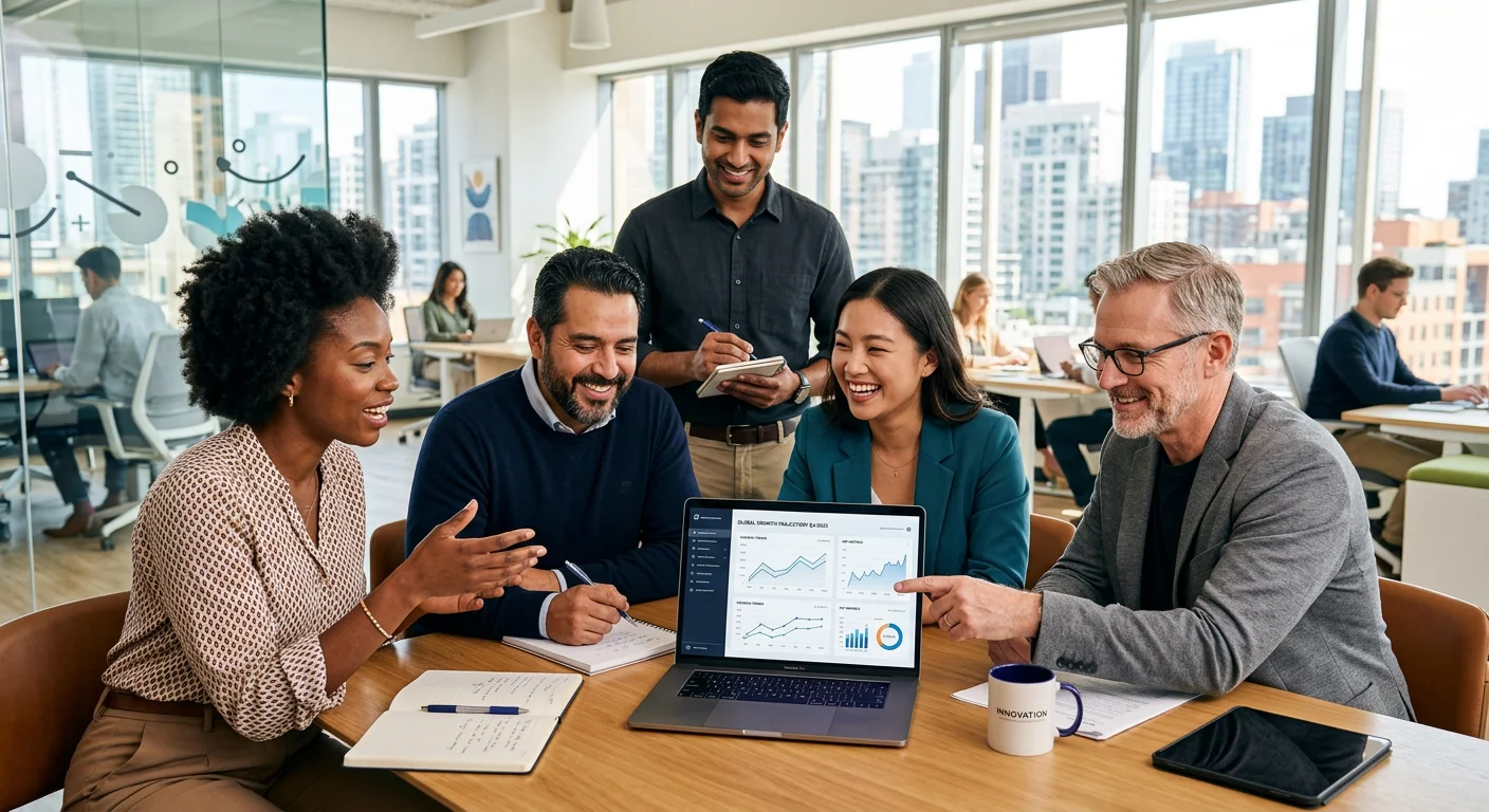 A modern, diverse team of professionals in a bright office collaborating around a laptop, looking at... A modern, diverse team of professionals in a bright office collaborating around a laptop, looking at data charts and smiling. Style: professional, high-resolution, vibrant but not overly saturated. Mood: collaborative, successful, and data-driven.