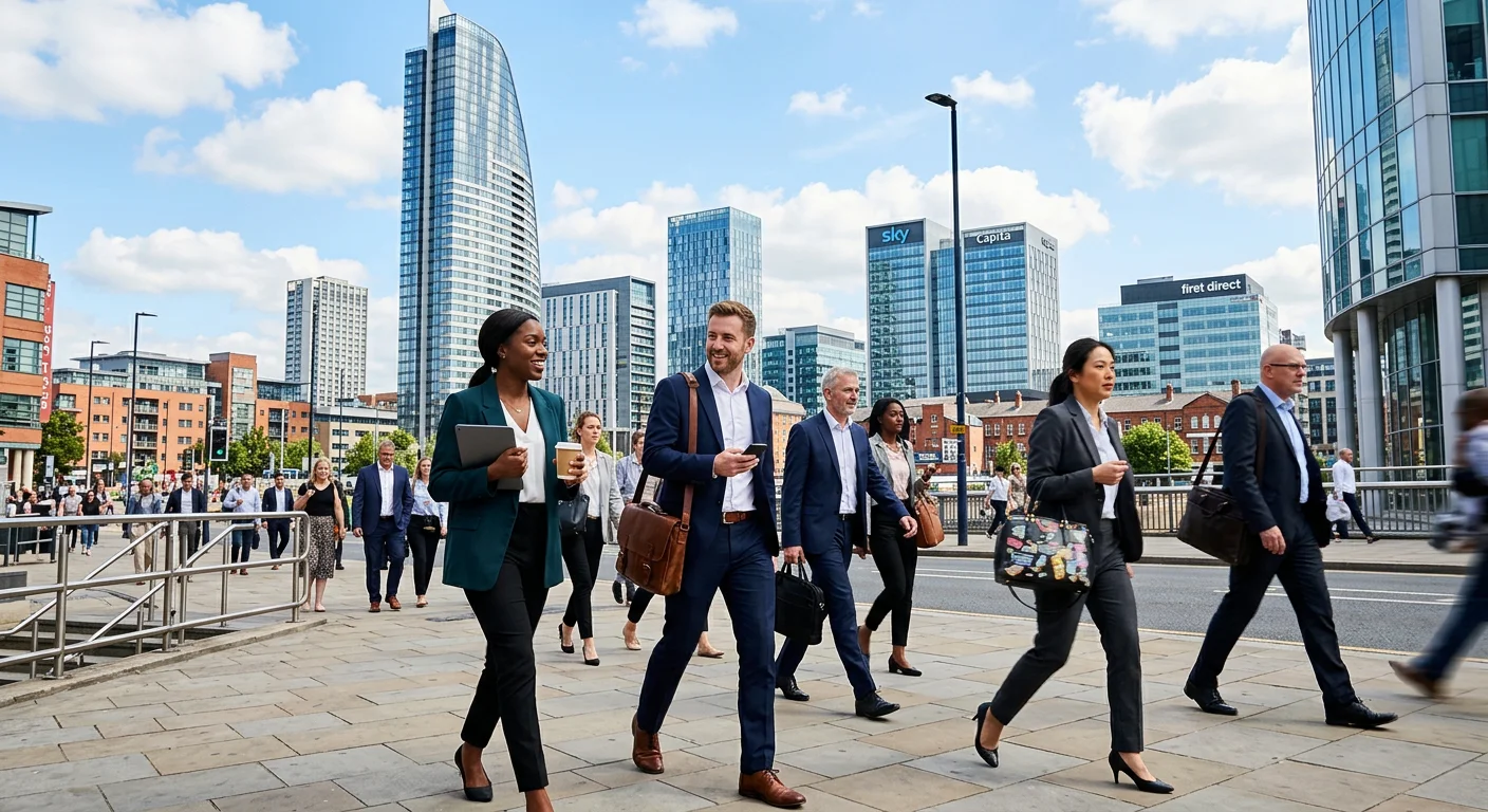 A professional, high-energy photograph of Leeds city centre skyline, focusing on modern office build... A professional, high-energy photograph of Leeds city centre skyline, focusing on modern office buildings like Bridgewater Place, with a diverse group of smartly dressed professionals walking purposefully on a sunny day. Mood: aspirational, busy, and opportunity-filled.