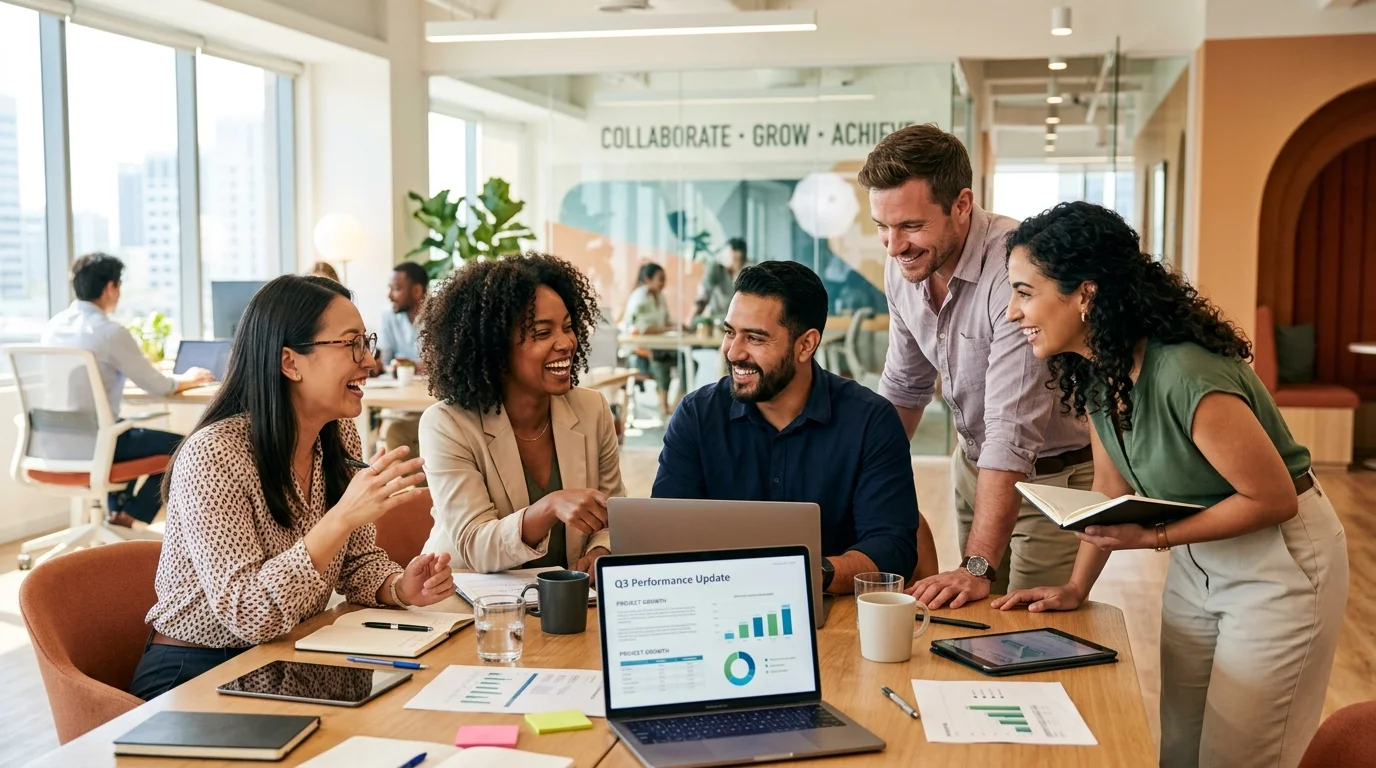 A modern, dynamic hero image showing a diverse team of professionals collaborating in a bright, open... A modern, dynamic hero image showing a diverse team of professionals collaborating in a bright, open-plan office. Focus on expressions of success and teamwork. Style: professional stock photography with warm, inviting tones.