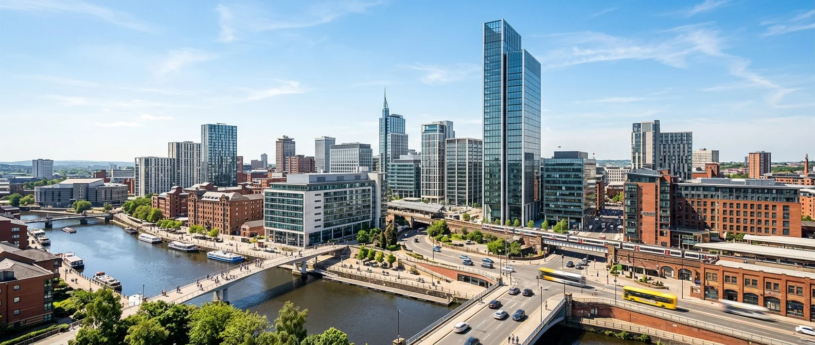 A professional, wide-format hero image of Leeds city centre skyline, focusing on modern office buildings like Bridgewater Place. The scene should be bright, optimistic, and convey a sense of professional opportunity and urban energy.