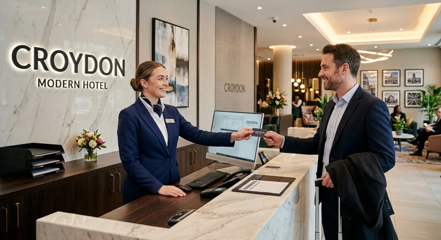 A professional, well-lit photo of a friendly hotel receptionist in a smart uniform, smiling and assi... A professional, well-lit photo of a friendly hotel receptionist in a smart uniform, smiling and assisting a guest at a sleek, modern hotel reception desk in Croydon. The mood is welcoming, efficient, and career-oriented.