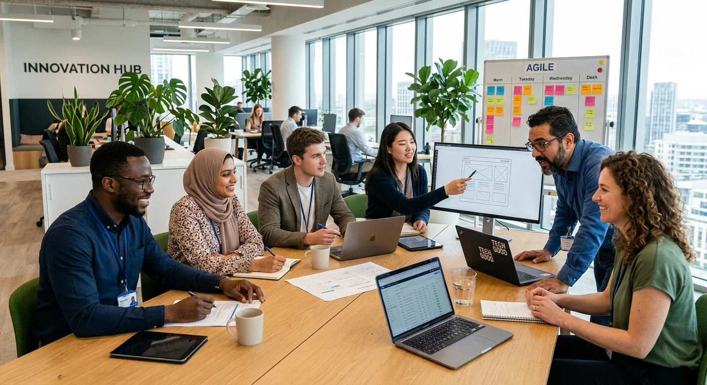 A modern, professional office environment with diverse team members collaborating around a table. Style: Bright, realistic photography with a focus on inclusivity and innovation. Mood: Optimistic, productive, and forward-thinking.