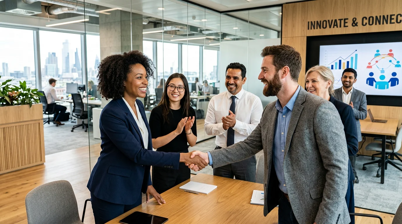 A modern, professional hero image showing a diverse group of people in a bright office setting, shak... A modern, professional hero image showing a diverse group of people in a bright office setting, shaking hands and smiling. Style should be aspirational and high-contrast, with a focus on career success and connection.