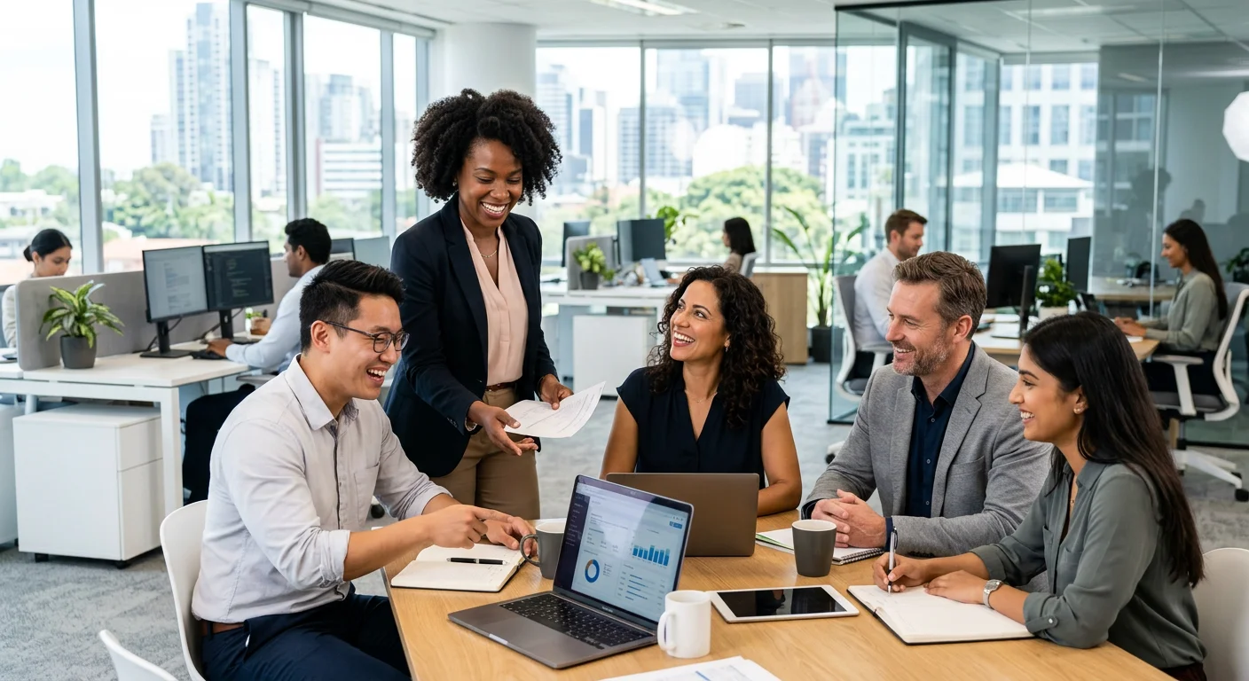 A diverse group of modern, successful professionals in a bright, collaborative office environment, looking confident and engaged. Style: Professional corporate photography with a focus on sharpness and vibrant, natural colors. Mood: Optimistic, innovative, and high-performing.