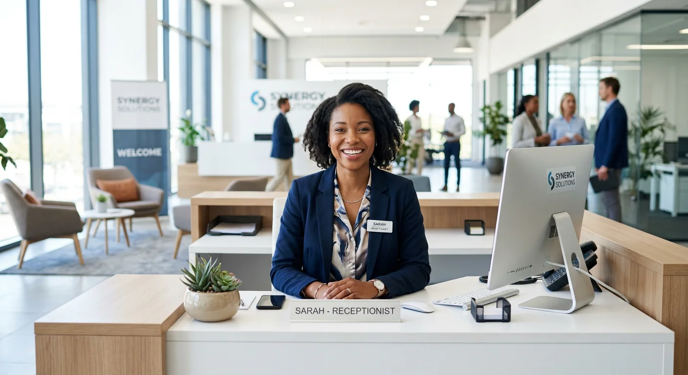 A professional, welcoming receptionist of diverse background smiling at the camera from behind a mod... A professional, welcoming receptionist of diverse background smiling at the camera from behind a modern, sleek reception desk in a bright office lobby. Style: Professional stock photography, bright and inviting, high contrast. Mood: Welcoming, efficient, and career-oriented.