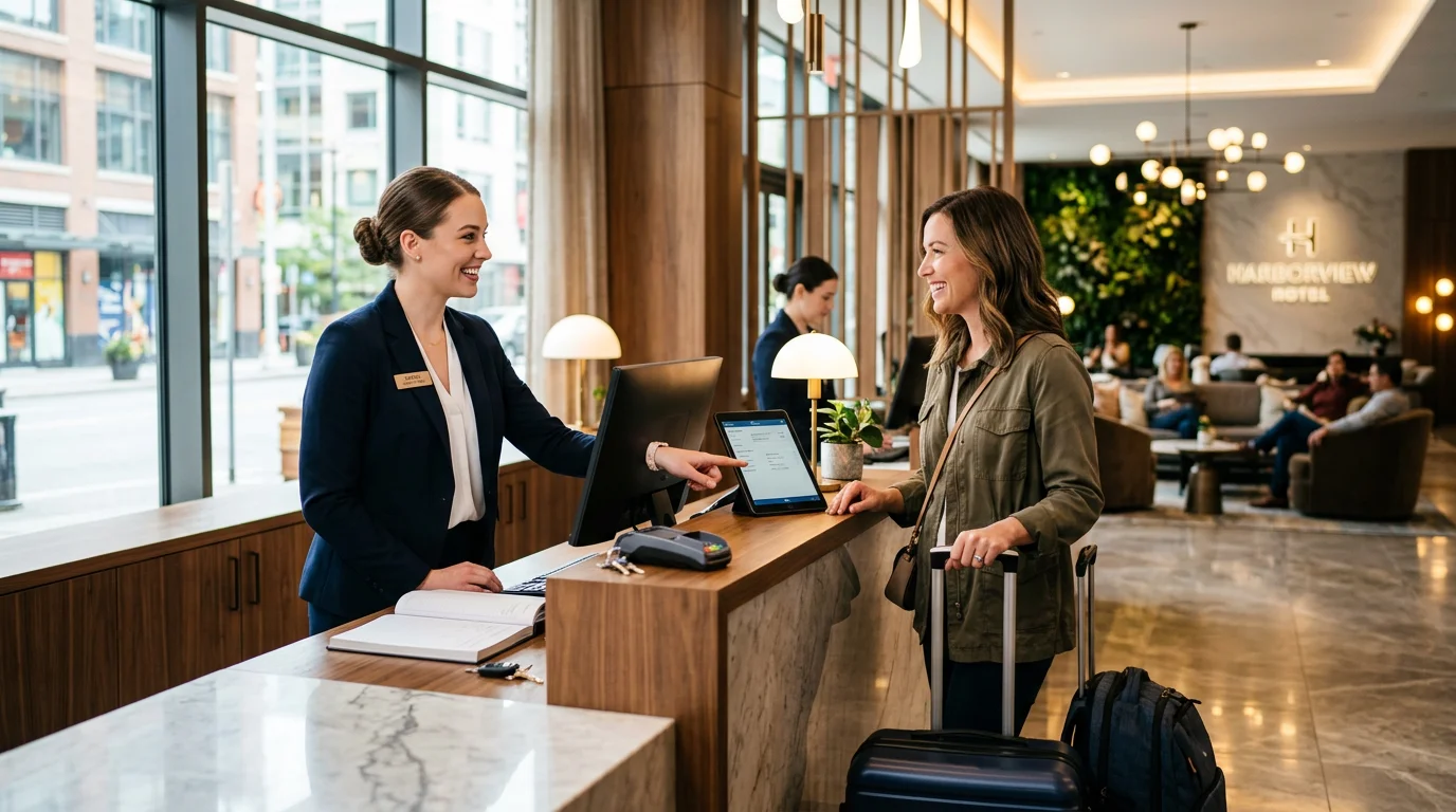 A professional, welcoming hotel receptionist in a modern hotel lobby, smiling and assisting a guest. The mood is bright, professional, and inviting. The image should be high-resolution and suitable for a hero banner.