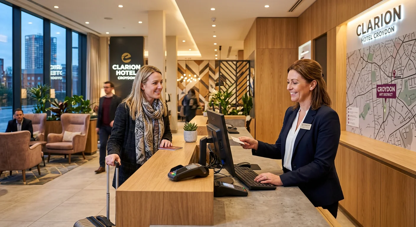 A professional, welcoming hotel receptionist in a modern Croydon hotel lobby, smiling and assisting a guest. The style should be bright, professional, and inviting, with a focus on the reception area's sleek design.