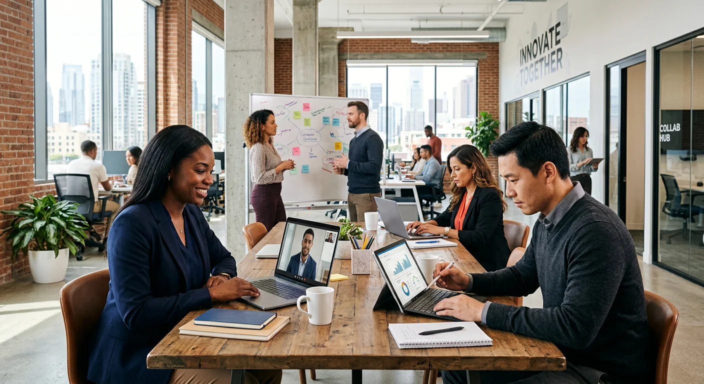 A modern, diverse team of professionals in a bright, collaborative office space. One team member is... A modern, diverse team of professionals in a bright, collaborative office space. One team member is interviewing a candidate on a laptop, another is reviewing analytics on a tablet. Style: Professional, bright, high-contrast, aspirational. Mood: Efficient, successful, and forward-thinking.