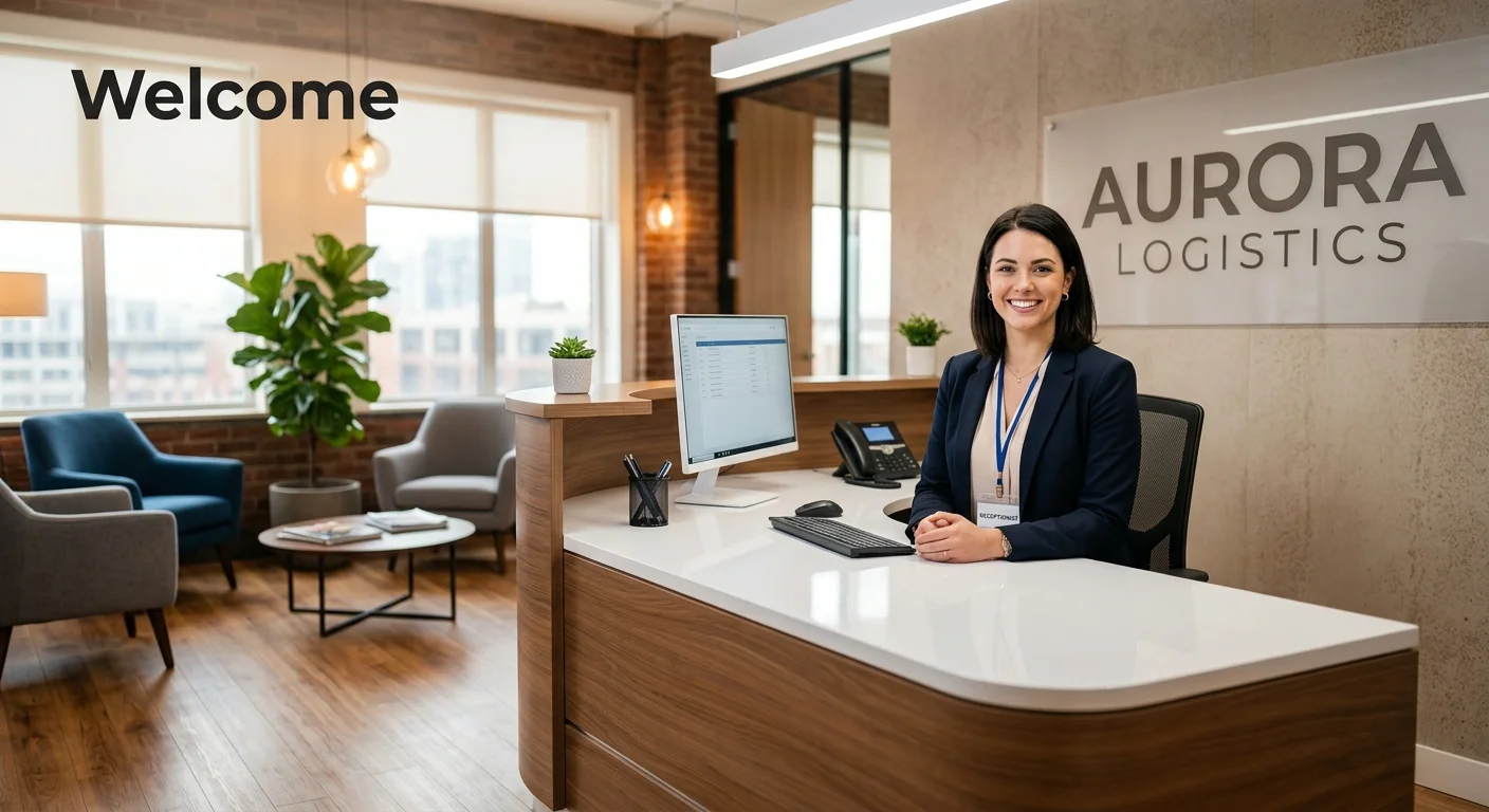 A modern, welcoming office reception area with a professional, smiling receptionist at a sleek desk.... A modern, welcoming office reception area with a professional, smiling receptionist at a sleek desk. The image should be warm, inviting, and high-contrast for overlay text. Style: Professional stock photo, mood: confident and welcoming.