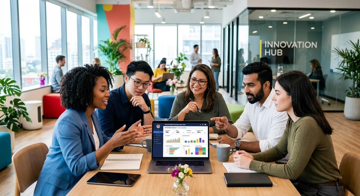 A modern, diverse team of professionals collaborating in a bright, open-plan office. Focus on people... A modern, diverse team of professionals collaborating in a bright, open-plan office. Focus on people looking at a laptop screen showing a recruitment dashboard. Style: Professional, vibrant, and aspirational. Mood: Productive, inclusive, and forward-thinking.