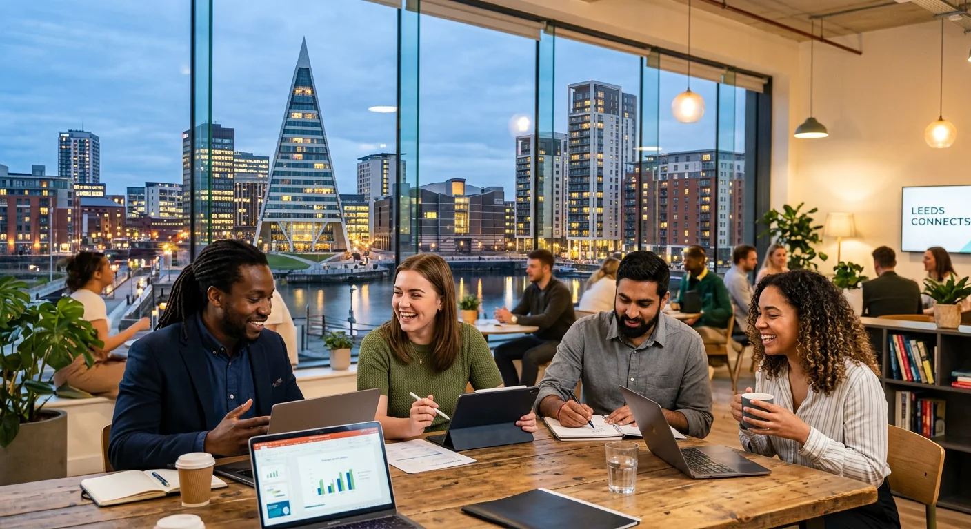 A dynamic, professional photo of Leeds city centre skyline (Bridgewater Place, Leeds Dock) blending with diverse professionals working collaboratively in a modern office. Style: Vibrant, optimistic, with a focus on human connection and urban energy.