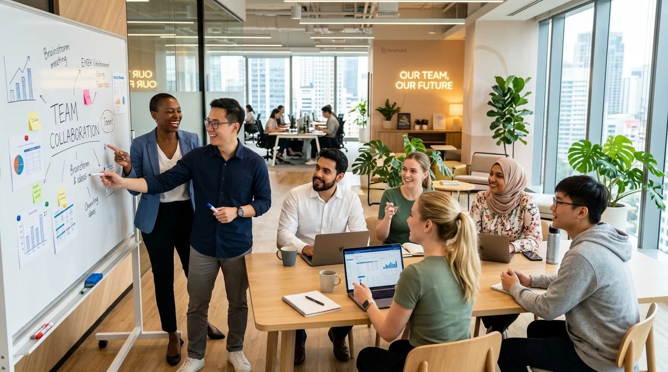 A professional hero image depicting a diverse, successful team of employees collaborating in a modern office environment, with a focus on teamwork, positivity, and productivity. Style: High-resolution, bright, aspirational.