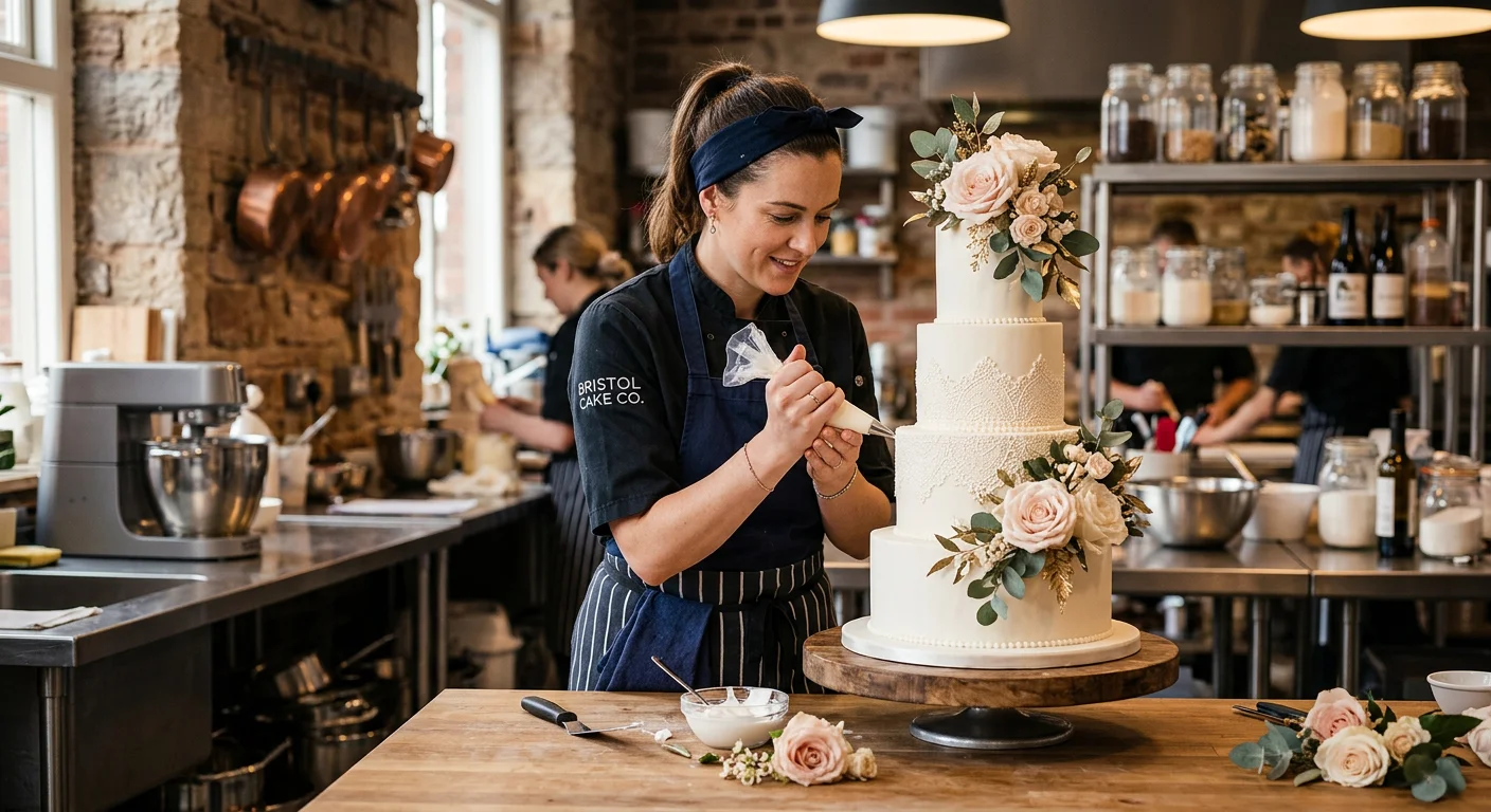 A high-resolution, professional photo of a skilled pastry chef in a modern Bristol kitchen, meticulo... A high-resolution, professional photo of a skilled pastry chef in a modern Bristol kitchen, meticulously decorating a multi-tiered wedding cake. The mood is focused, elegant, and inspiring, with warm lighting highlighting the details of the pastry work.