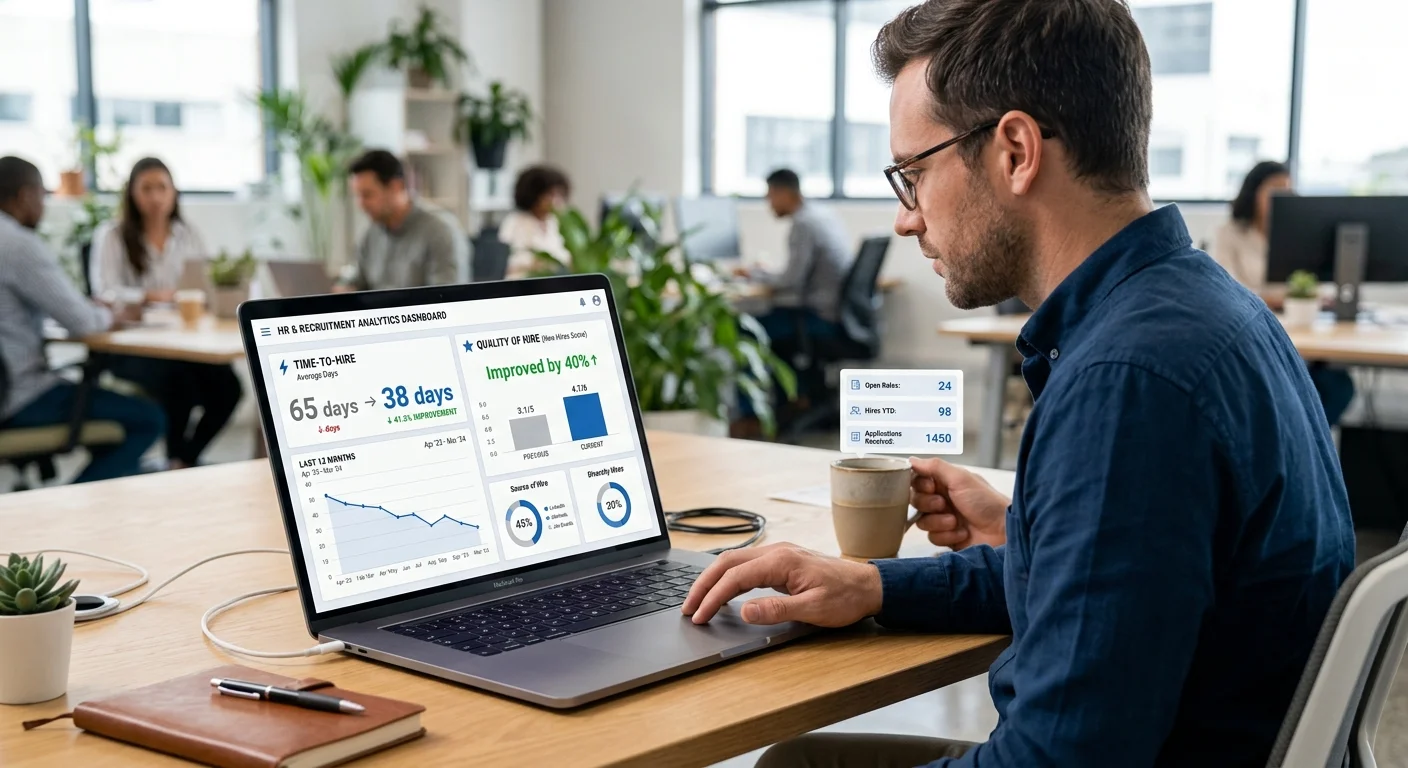 An infographic dashboard on a laptop screen showing key recruitment metrics like 'Time-to-Hire: 65 days → 38 days' and 'Quality of Hire Score: Improved by 40%'. Style: Clean, data-driven, modern business analytics.