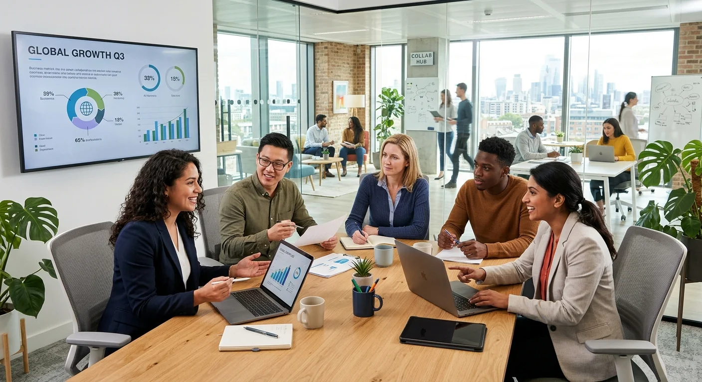 A professional, diverse group of employees collaborating in a modern office setting, looking engaged and productive. Style: Bright, high-resolution, authentic. Mood: Innovative, successful, and collaborative.