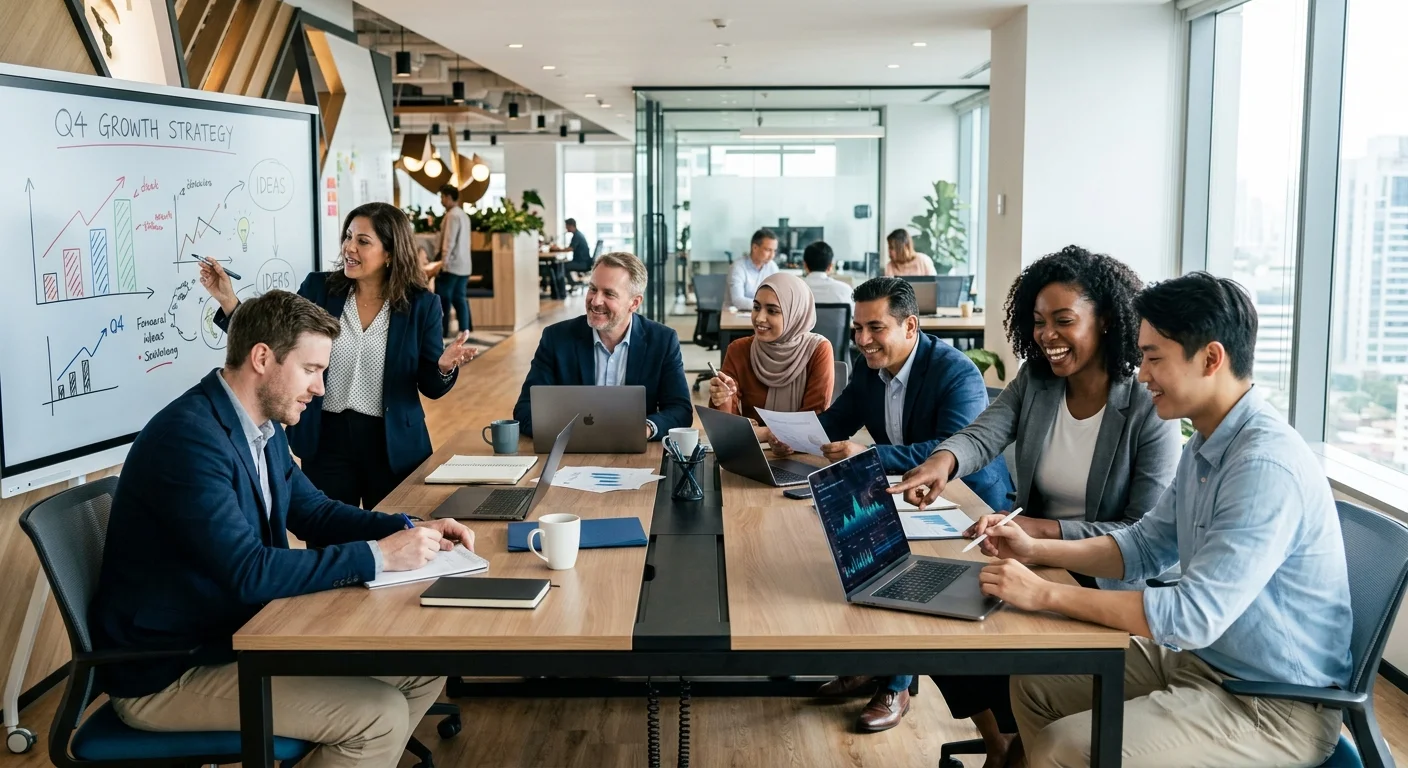 A modern, diverse group of professionals collaborating in a bright, open-plan office. The image shou... A modern, diverse group of professionals collaborating in a bright, open-plan office. The image should convey success, efficiency, and teamwork. Style: Professional, high-resolution, with a focus on people. Mood: Optimistic, dynamic, and forward-thinking.