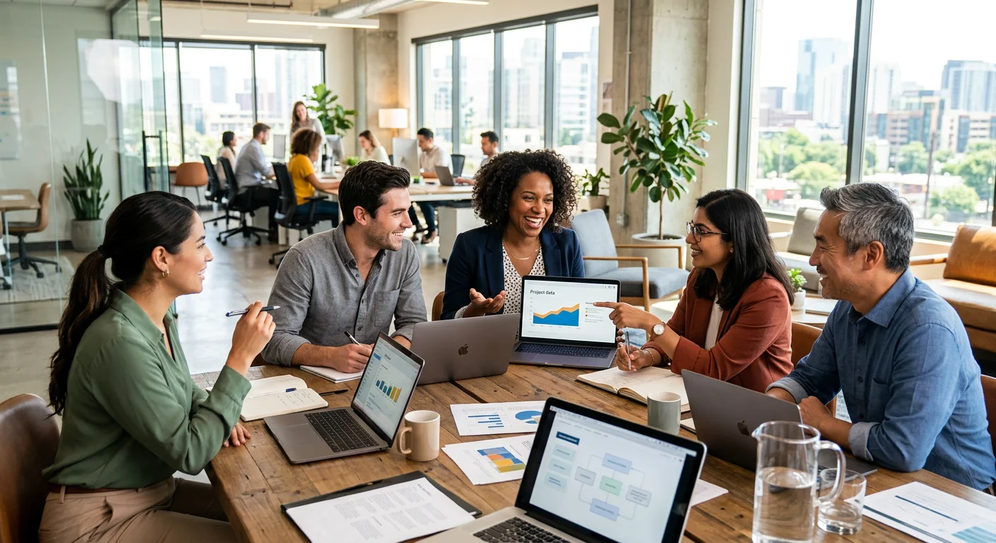 A modern, diverse team of professionals collaborating in a bright, open-plan office. Focus on their... A modern, diverse team of professionals collaborating in a bright, open-plan office. Focus on their interaction and the professional environment. Style: Professional stock photography, bright and aspirational.