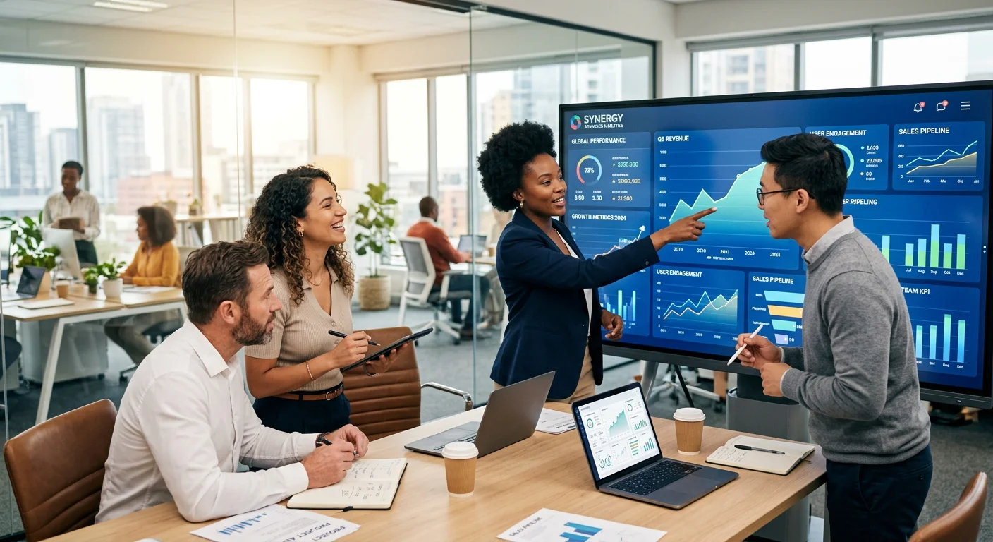 A modern, diverse team of professionals collaborating in a bright, sunlit office, looking at a data dashboard on a large screen. Style: High-resolution, professional business photography with a focus on teamwork and technology. Mood: Optimistic, forward-thinking, and innovative.
