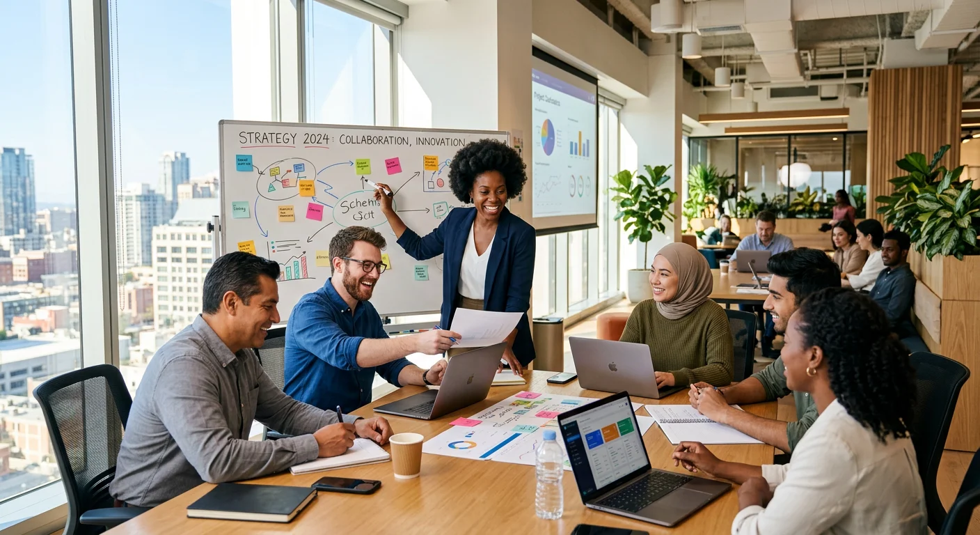 A diverse group of modern professionals collaborating in a bright, sunlit office. Style is professional, aspirational, and high-resolution, focusing on teamwork and positive energy.