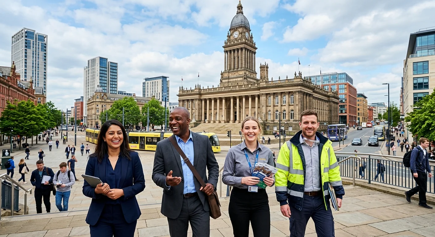 A dynamic, high-resolution hero image showing a modern, bustling Leeds cityscape with the Town Hall in the background, overlaid with diverse, smiling professionals in business and industrial attire, symbolising opportunity and connection. Style: Professional, vibrant, and aspirational. Mood: Energetic, confident, and forward-thinking.