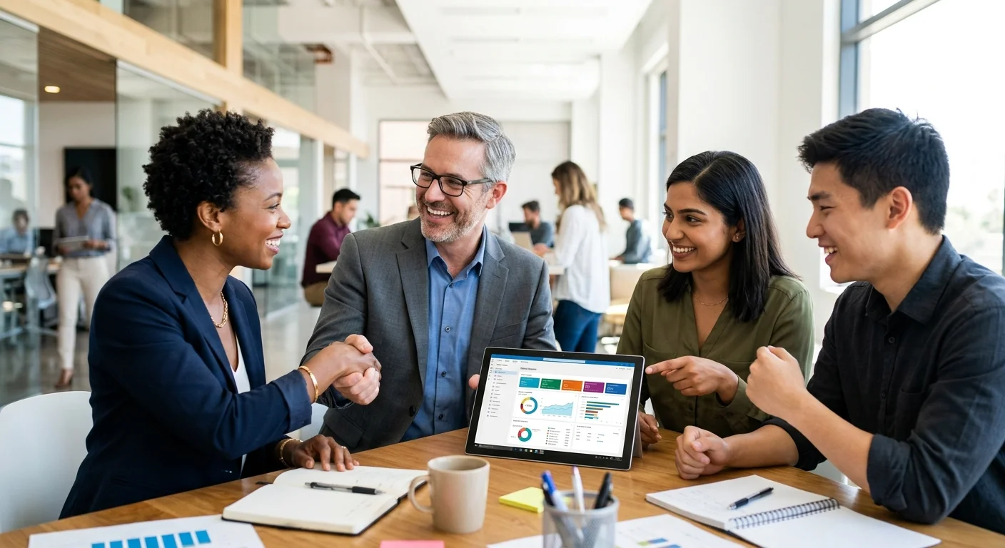 A modern, dynamic hero image showing a diverse group of professionals in a bright office setting, sh... A modern, dynamic hero image showing a diverse group of professionals in a bright office setting, shaking hands and looking at a digital tablet. Style is professional, high-resolution, with a focus on collaboration and success. Mood is optimistic and efficient.