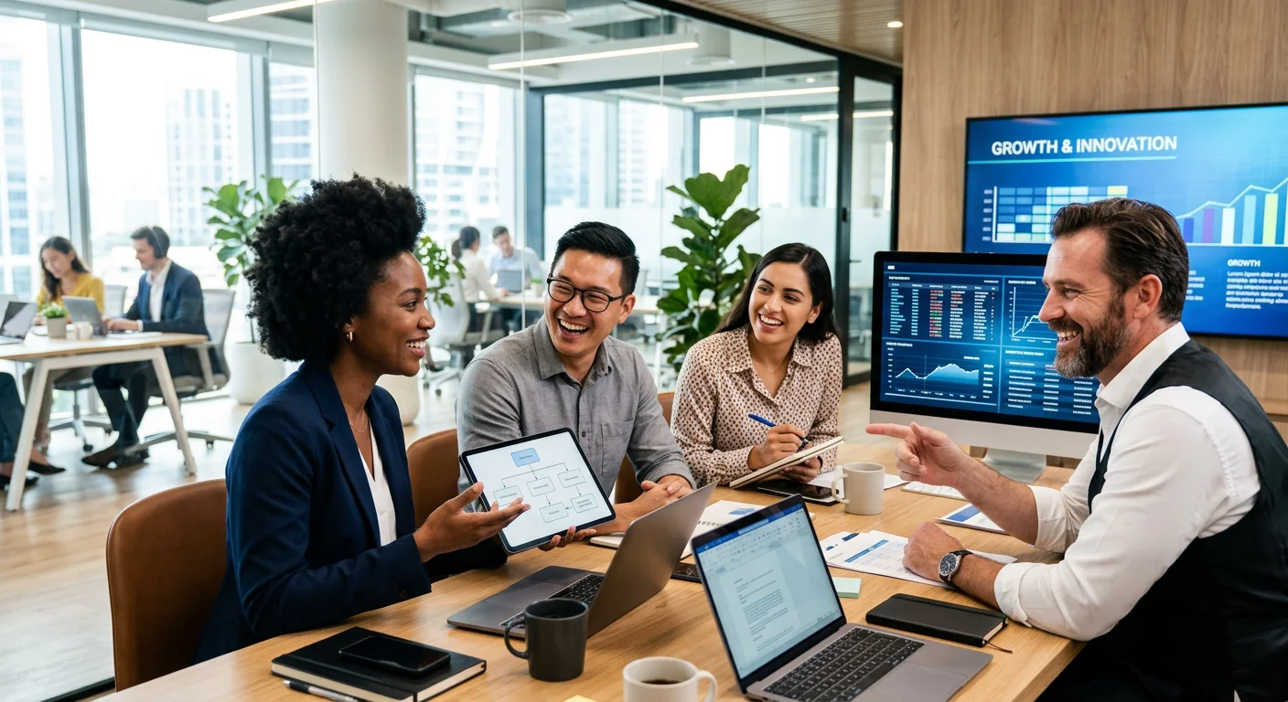 A professional, high-contrast hero image showing a diverse team of confident professionals collaborating in a modern, bright office. Focus on positive expressions and a sense of synergy. Style: Corporate, aspirational, with sharp focus and vibrant colors.