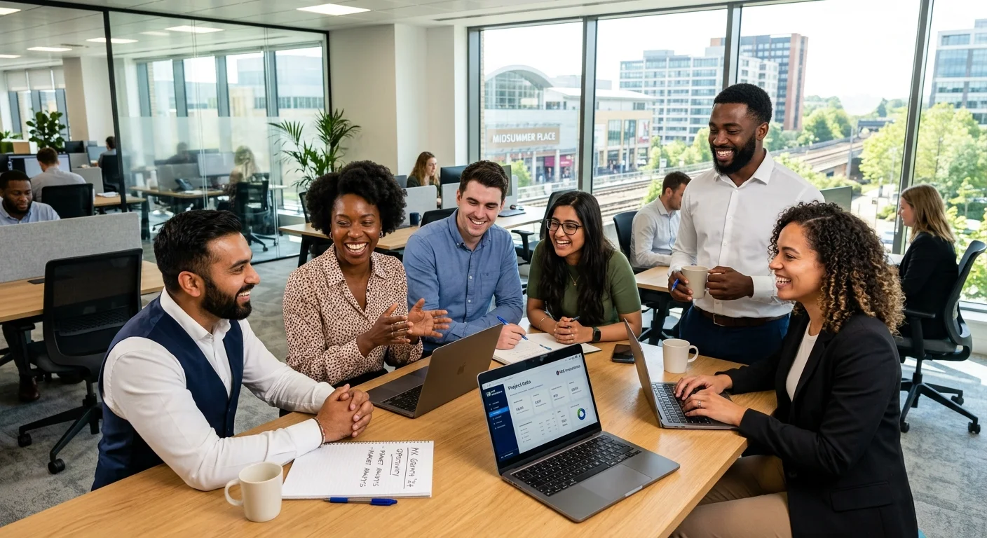 A professional, high-energy shot of a diverse group of people in modern office attire, smiling and collaborating in a bright, contemporary Milton Keynes office setting. Focus on genuine interaction and a sense of opportunity.