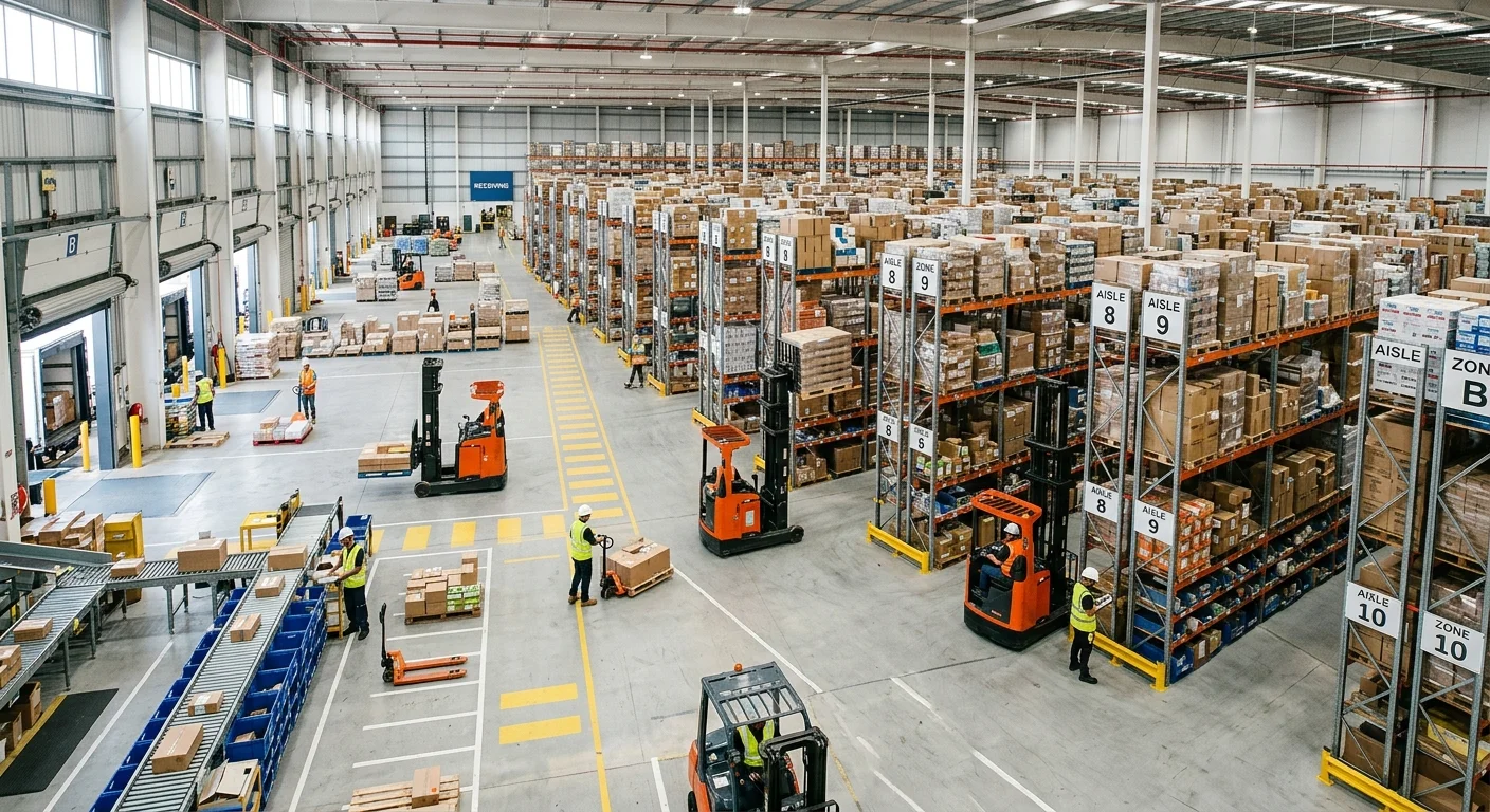 A high-angle, professional shot of a modern, efficiently organized warehouse with workers in safety gear operating forklifts and managing inventory. The image should convey scale, order, and productivity.