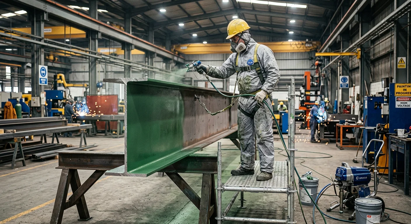 Professional industrial painter in full safety gear, applying a protective coating to a large steel beam in a modern factory setting. The image should convey precision, safety, and industrial scale.