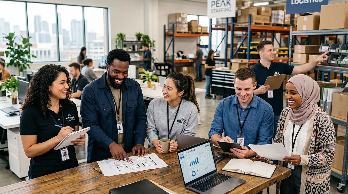 Hero image showing a diverse group of professional, confident temporary workers in a modern office o... Hero image showing a diverse group of professional, confident temporary workers in a modern office or warehouse setting, smiling and collaborating. Style: Bright, vibrant, professional photography with a focus on energy and opportunity.