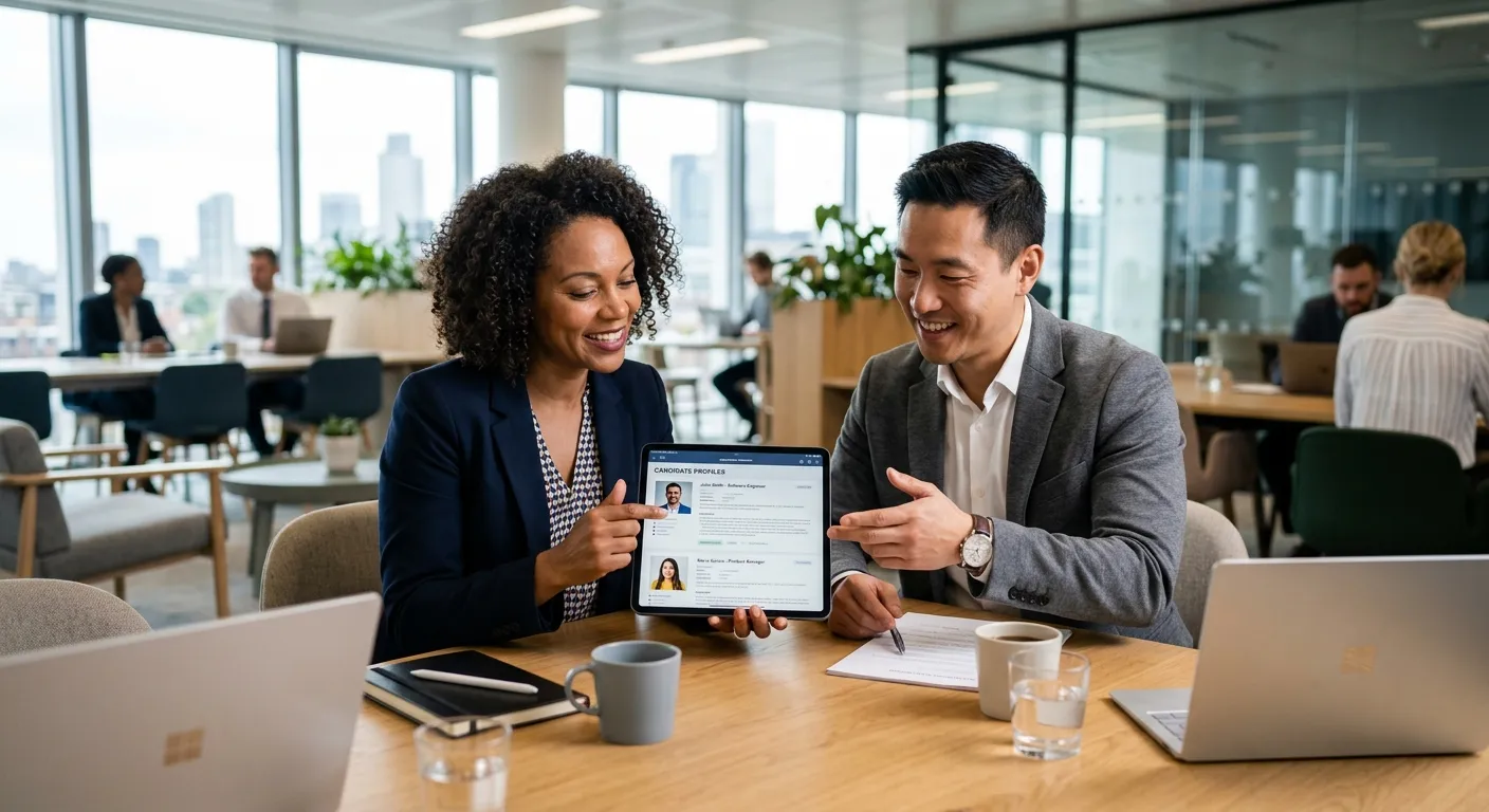 A dynamic, professional photo of a diverse hiring manager and recruitment consultant reviewing candi... A dynamic, professional photo of a diverse hiring manager and recruitment consultant reviewing candidate profiles together on a tablet in a modern office, looking collaborative and strategic.