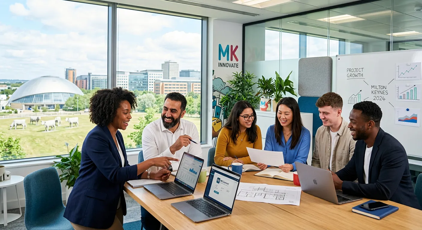 A dynamic, professional hero image featuring a diverse group of people collaborating in a modern Mil... A dynamic, professional hero image featuring a diverse group of people collaborating in a modern Milton Keynes office setting, with the MK skyline or the famous Concrete Cows subtly visible through a window. Style: Bright, aspirational, professional. Mood: Energetic and optimistic.