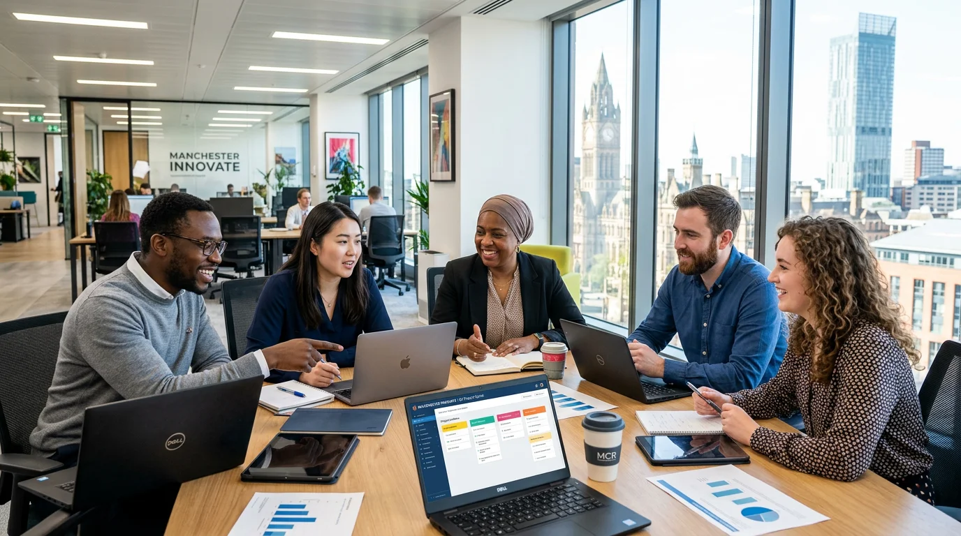 A dynamic, professional hero image showing a diverse group of people in a modern Manchester office setting, collaborating around a table with laptops and documents. Style: Bright, sharp, optimistic. Mood: Professional, collaborative, and forward-thinking.