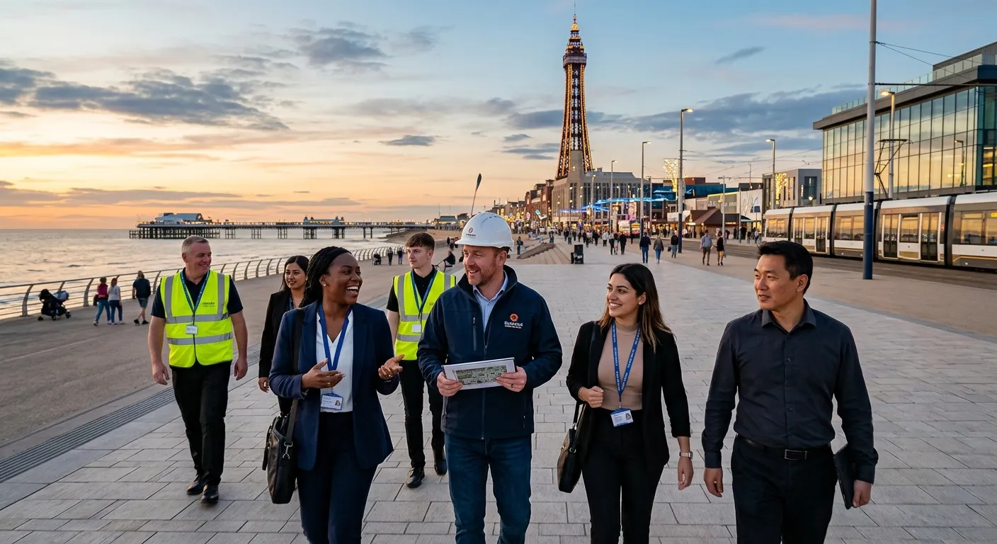 A professional, dynamic hero image showing a diverse group of workers and business managers in a mod... A professional, dynamic hero image showing a diverse group of workers and business managers in a modern Blackpool setting, perhaps near the Promenade or a local business park, conveying energy, opportunity, and partnership. Style: Authentic, bright, and professional.